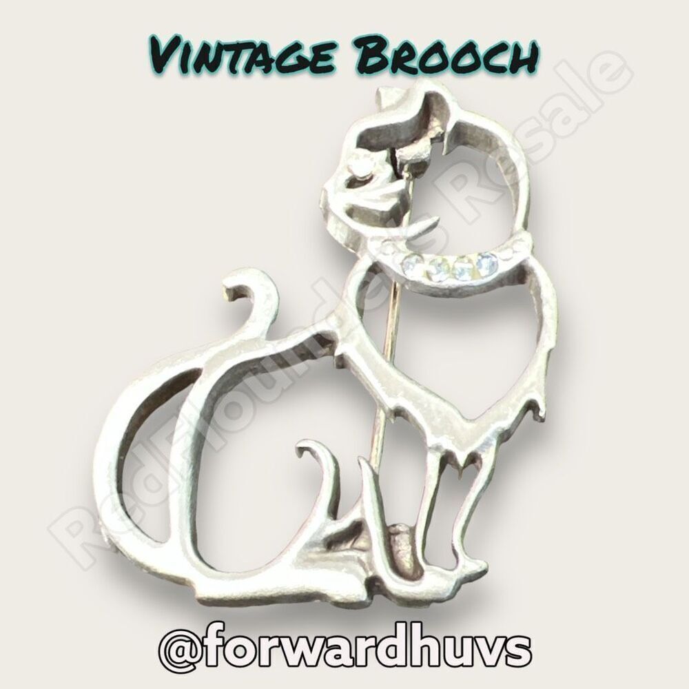 Vintage Silver Tone Metal Brooch with Rhinestone Cat Collar Marked JJ